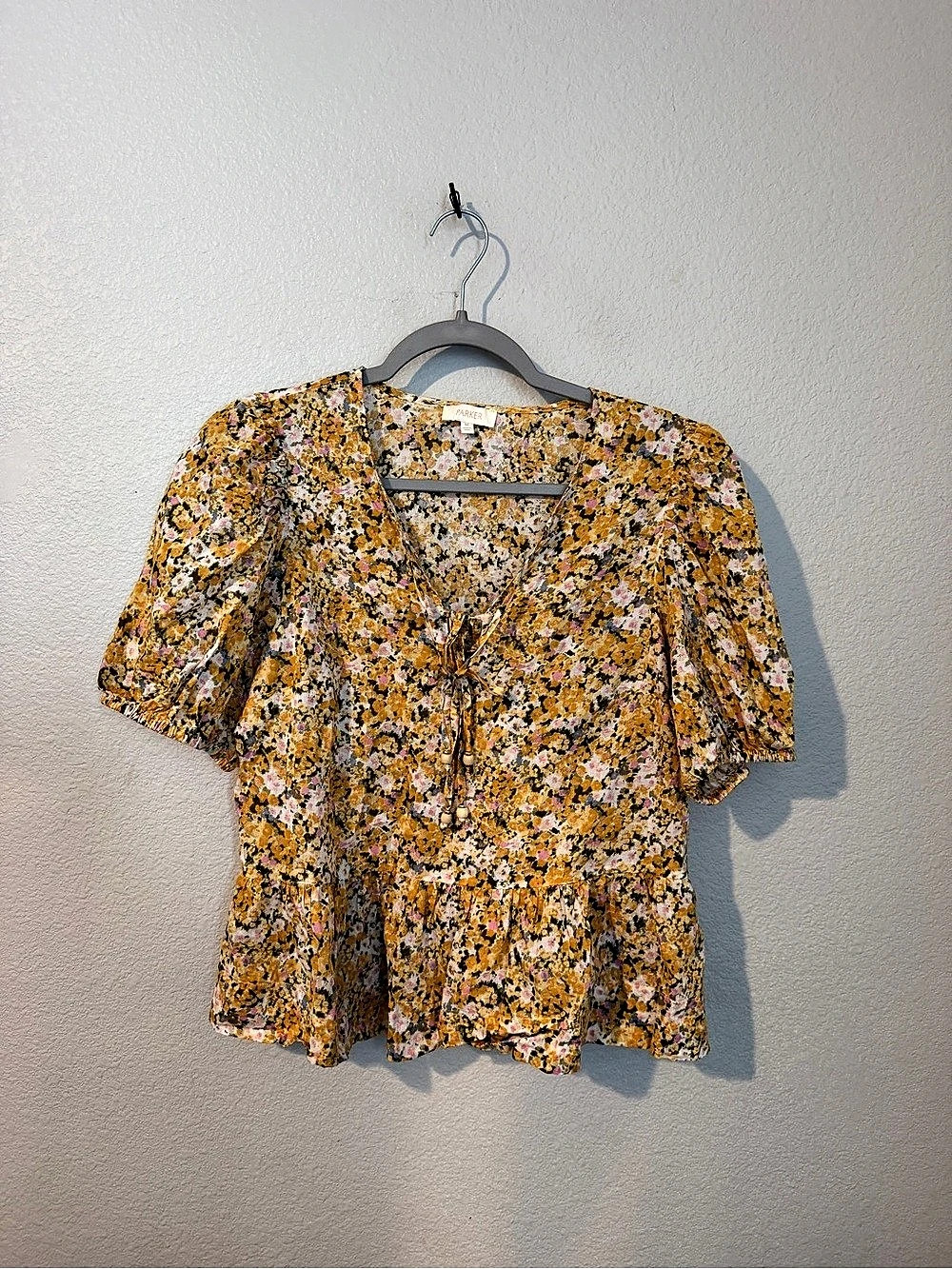 Parker Floral Tie-Front Blouse in Yellow & Pink Size Medium Like N